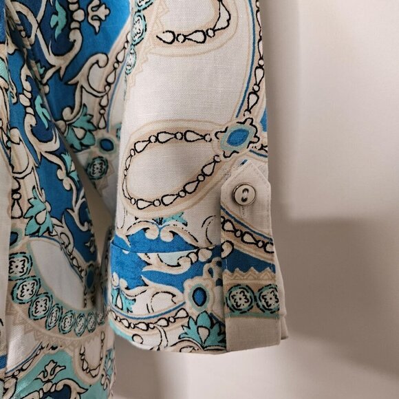 NEW JM Collection Summer Sunset Small Viscose & Linen Blue/White Print Blouse - Picture 3 of 9